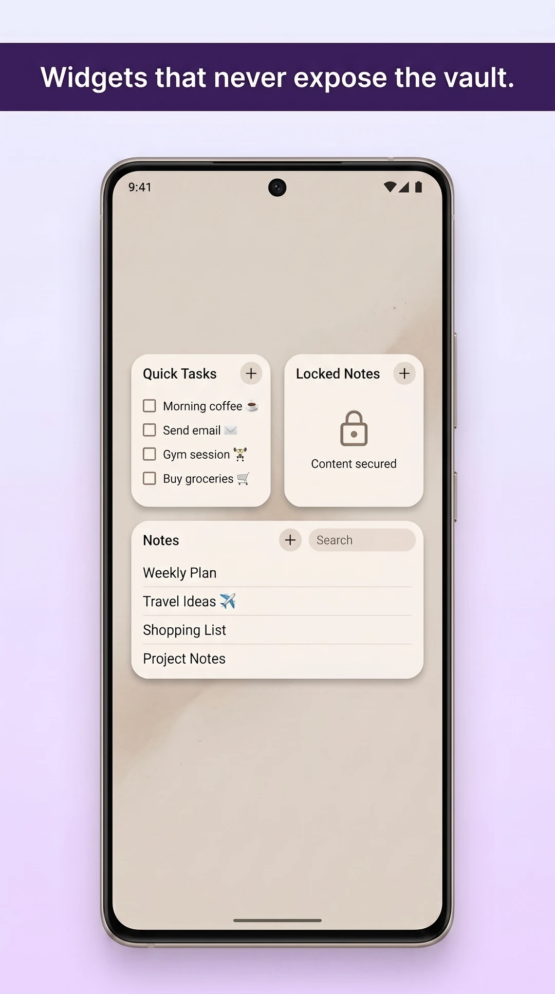 Home-screen widgets showing notes, with nothing from the vault